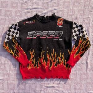 Black Racing Speed Flame Checkered Sleeve Sweater Men's XS